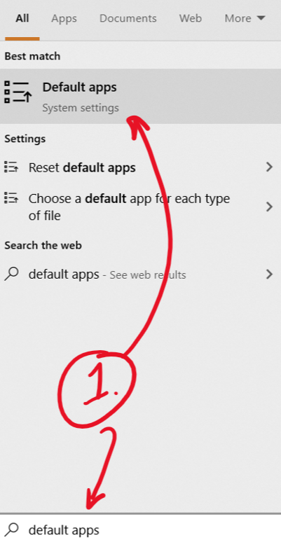 All Apps Best match Documents Web More : — Default apps System settings Settings Reset default apps Choose a default app f of file Search the web p default apps- See web r p default apps each type Its